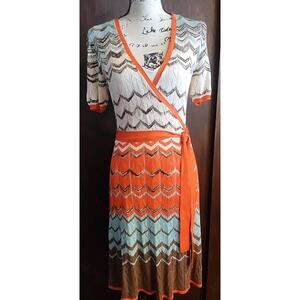 BCBG MaxAzria Chevron Silk Blend Knit Dress Sweater Medium Orange Brown Blue